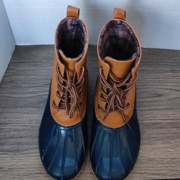 Wild Diva rain boots waterproof navy blue bottom brown top women's size 7 - Picture 9 of 13